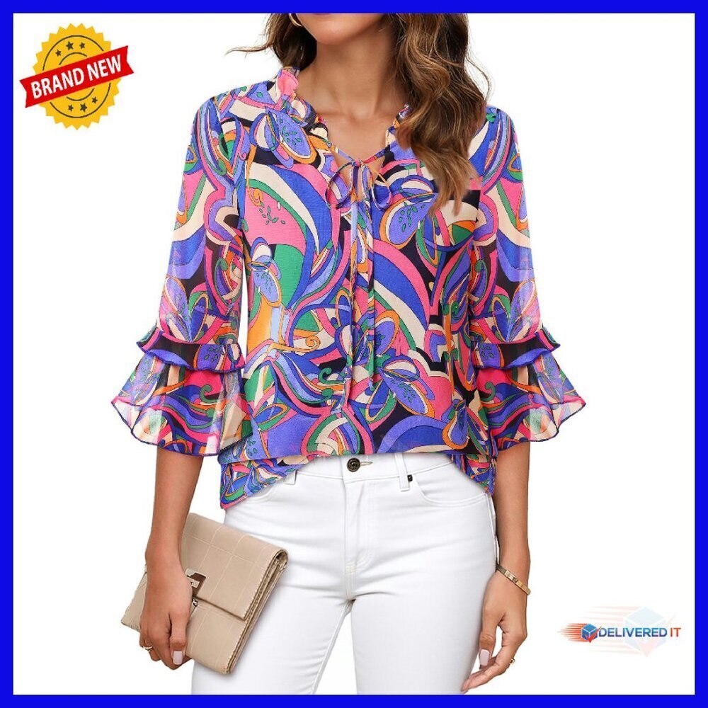Floral Chiffon Blouse 3/4 Sleeve V Neck Ruffle Tunic Top